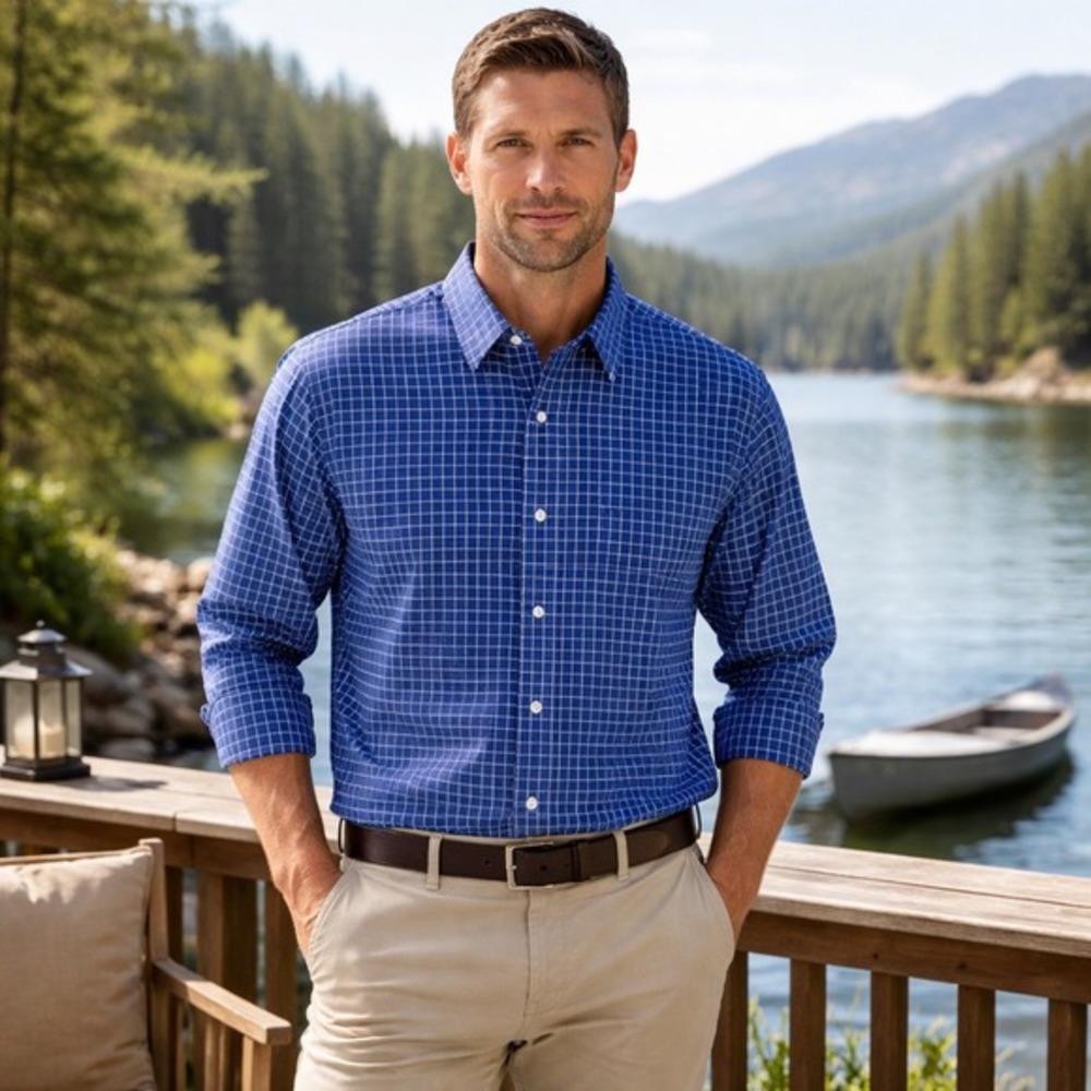 Eddie Bauer Shirt Mens Large Blue Cotton Windowpane Plaid Button Down Casual Top